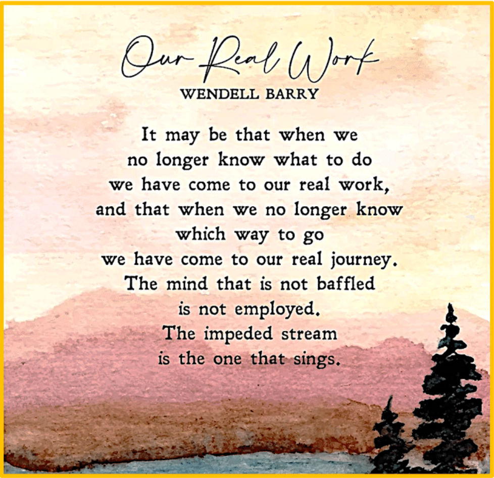 Our Real Work by Wendell Barry: It may be that when we no longer know what to do we have come to our real work, and that when we no longer know which way to go we have come to out real journey.  The mind that is not baffled is not employed.  The impeded stream is the one that sings.